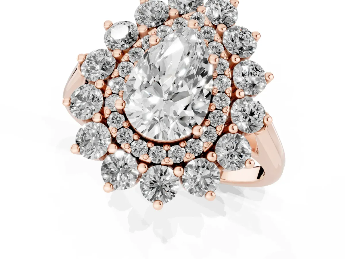 Pear Cut Diamond Floral Double Halo Engagement Ring with Prong Setting Rose gold