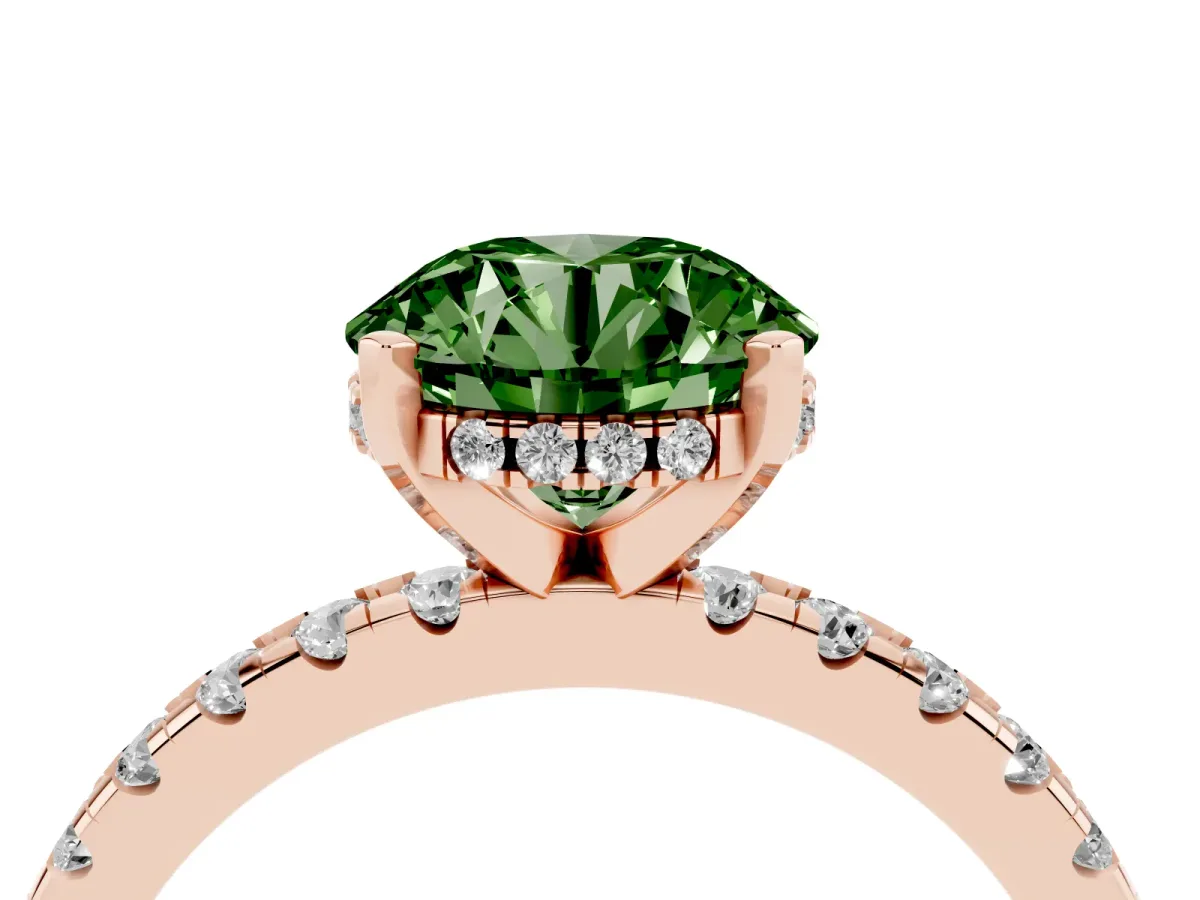 Fancy Green Round Cut Diamond Solitaire Ring with Round Pavé Band and Four-Prong Setting Rose gold