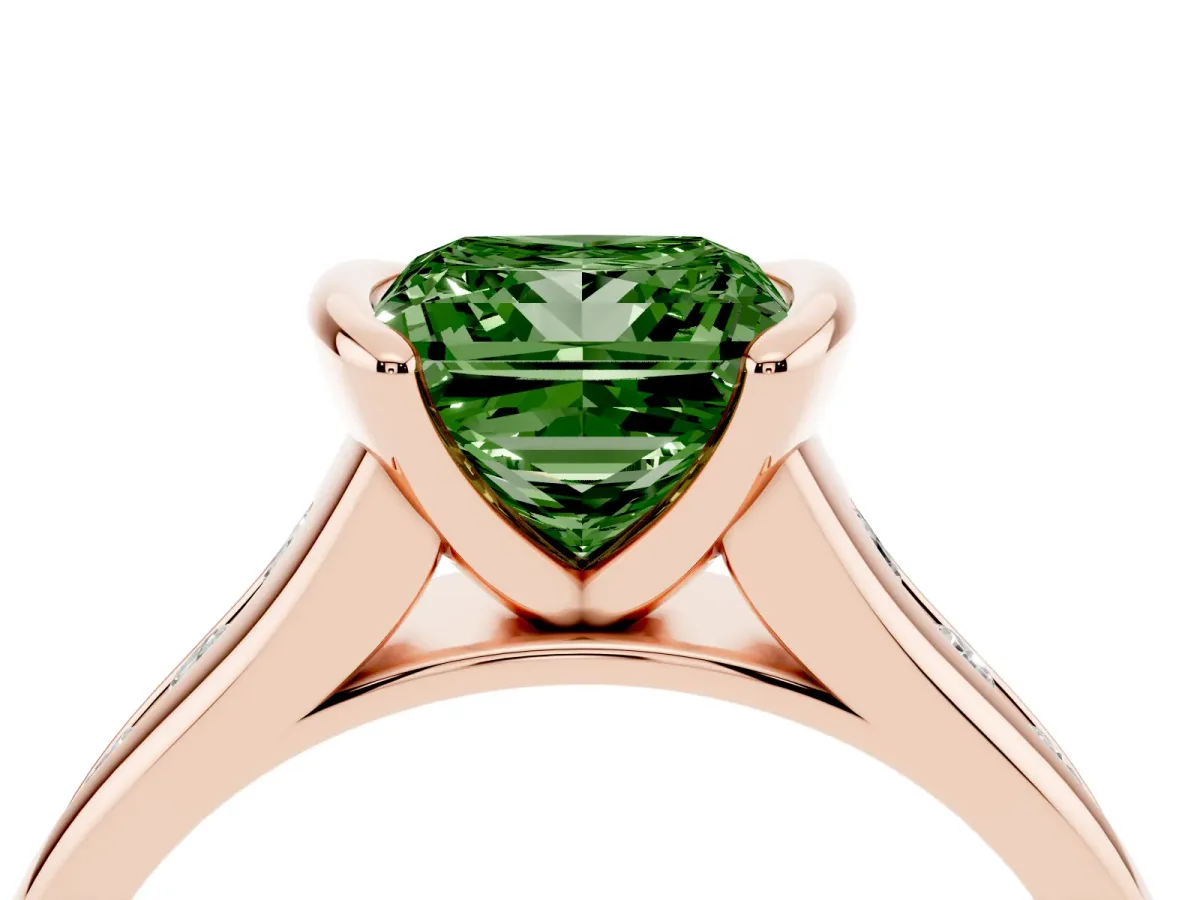 Fancy Green Princess Cut Solitaire Bezel-Set Diamond Ring with Channel-Set Band Rose gold