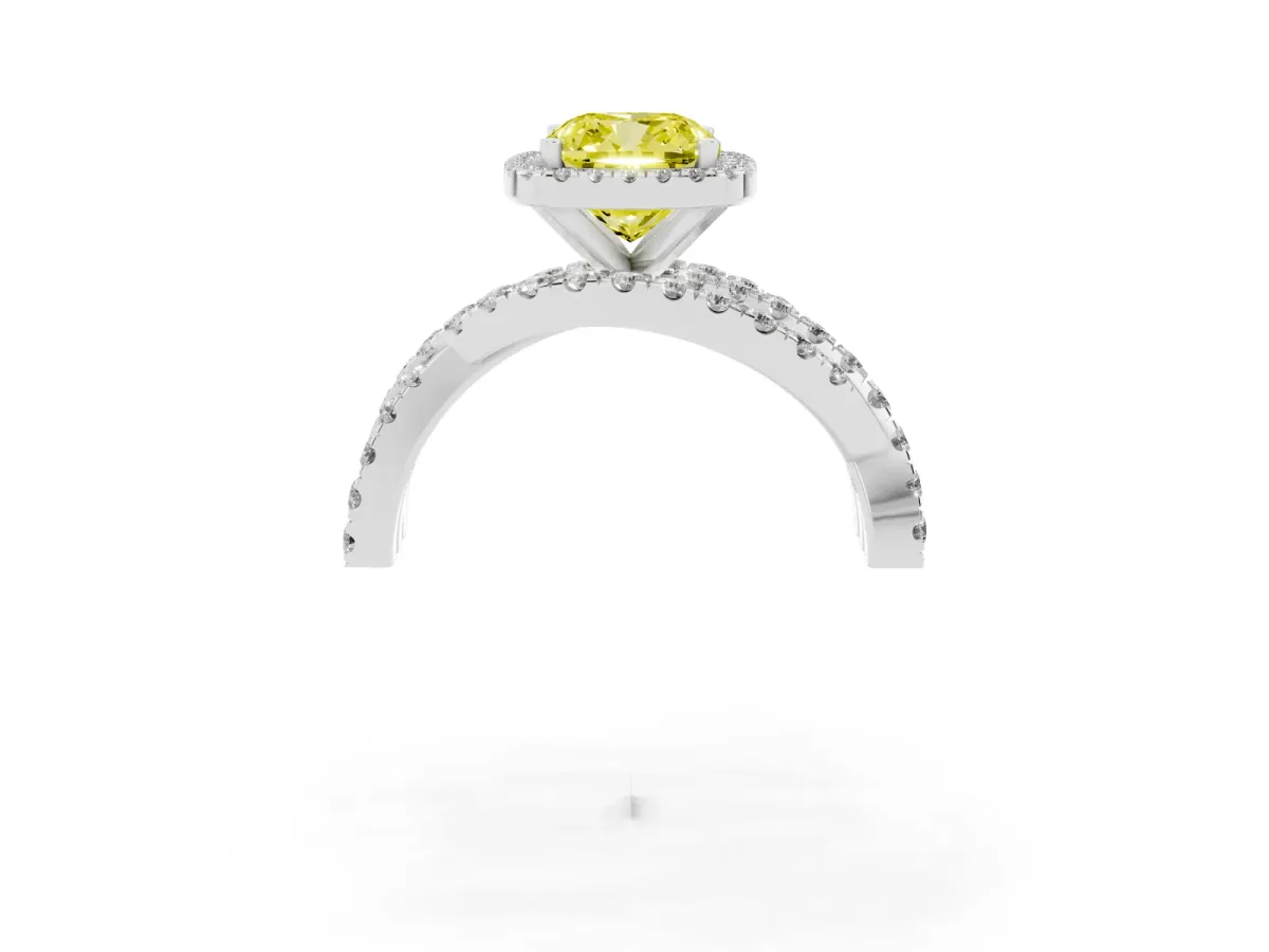 Fancy Yellow Cushion Cut Diamond Halo Ring with Round Split Shank and Prong Setting Silver