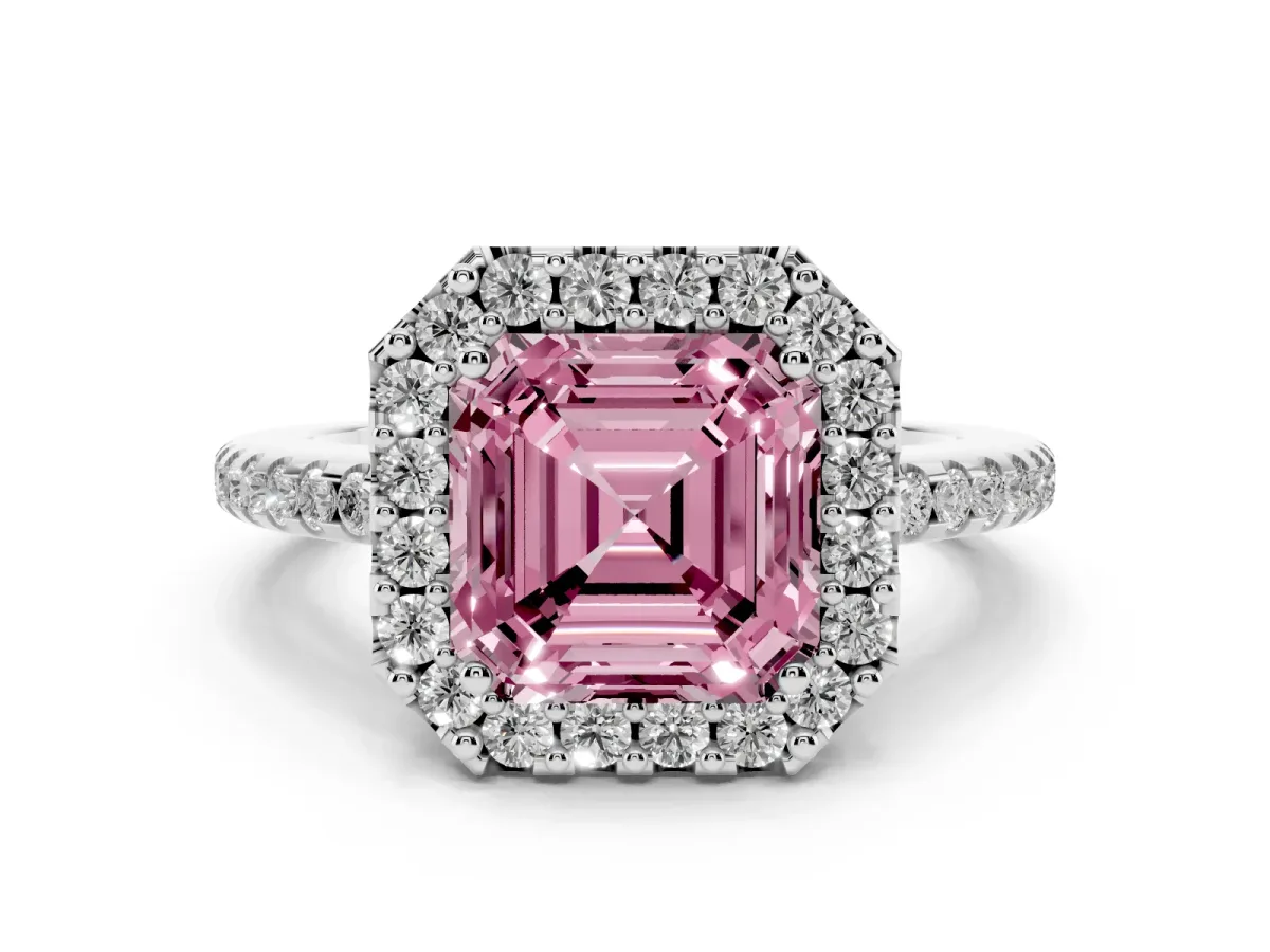 Fancy Pink Asscher Cut Diamond Pavé Halo Ring with Four-Prong Setting Silver