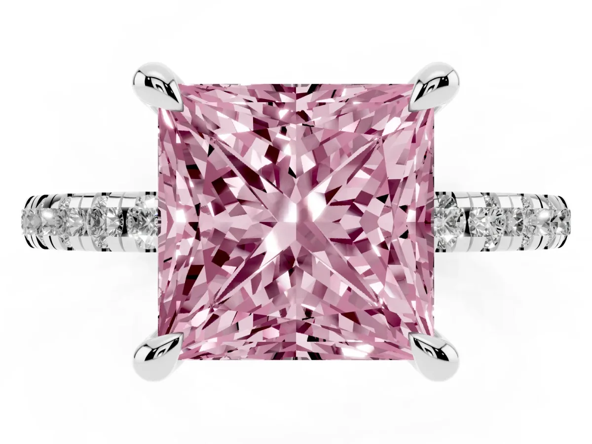 Fancy Pink Princess Cut Diamond Brilliant Solitaire Ring with Pavé Band and Four-Prong Setting Platinum