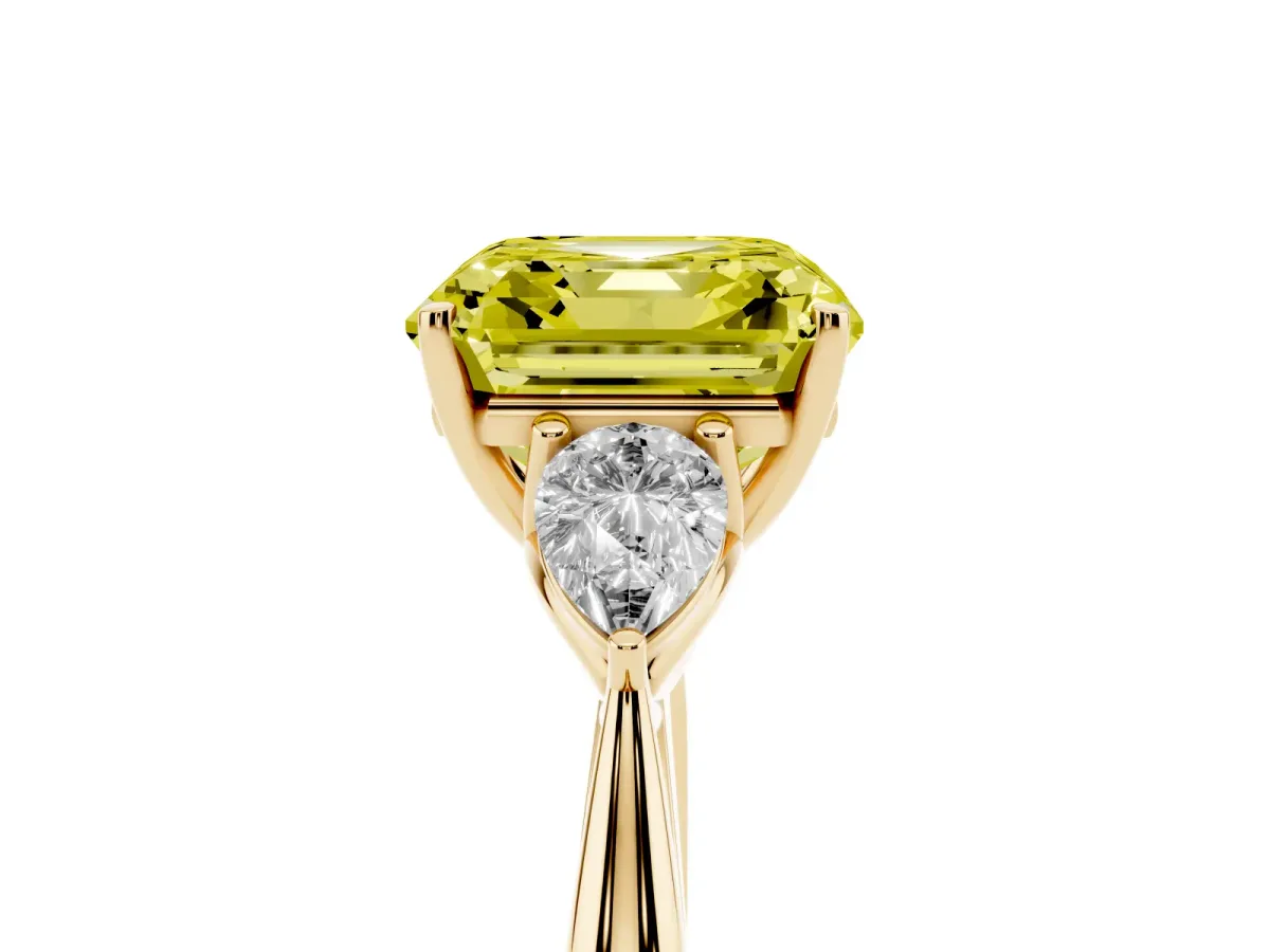 Fancy Yellow Asscher Cut Diamond Three-Stone Ring with Pear Side Stones and Prong Setting Yellow gold