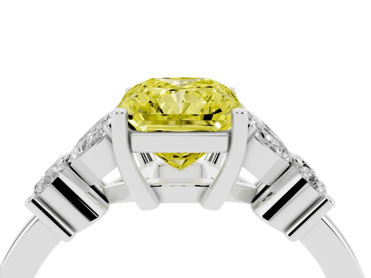 Fancy Yellow Radiant Cut Diamond Floral Cluster Ring with Solitaire Band and Prong Setting Silver