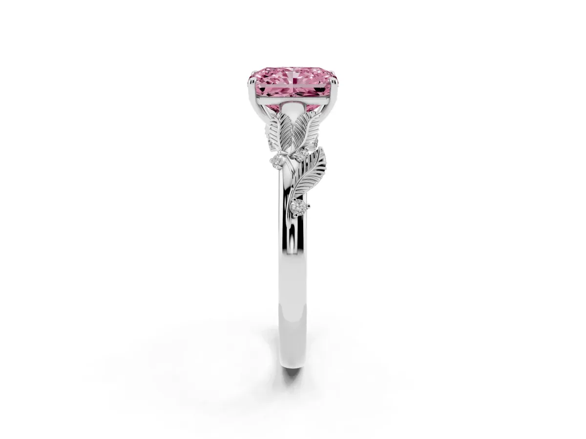 Fancy Pink Radiant Cut Diamond Solitaire Ring with Leaf Motif Band and Four-Prong Setting Silver