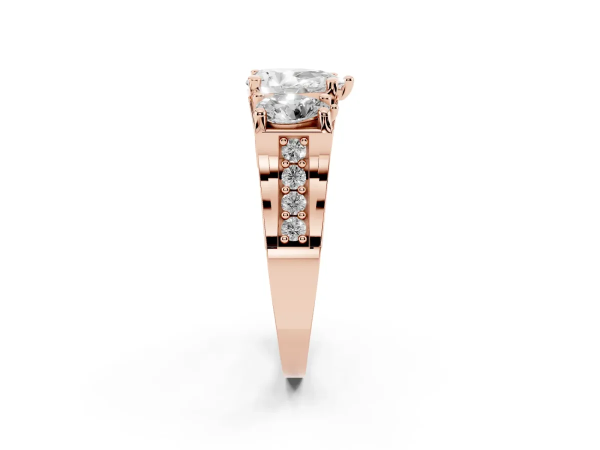 Pear Cut Diamond Three-Stone Ring with Channel Set Band and Four-Prong Setting Rose gold