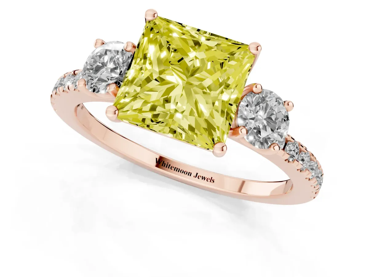 Fancy Yellow Three-Stone Princess Cut Cut Diamond Pavé Band with Prong Setting Rose gold