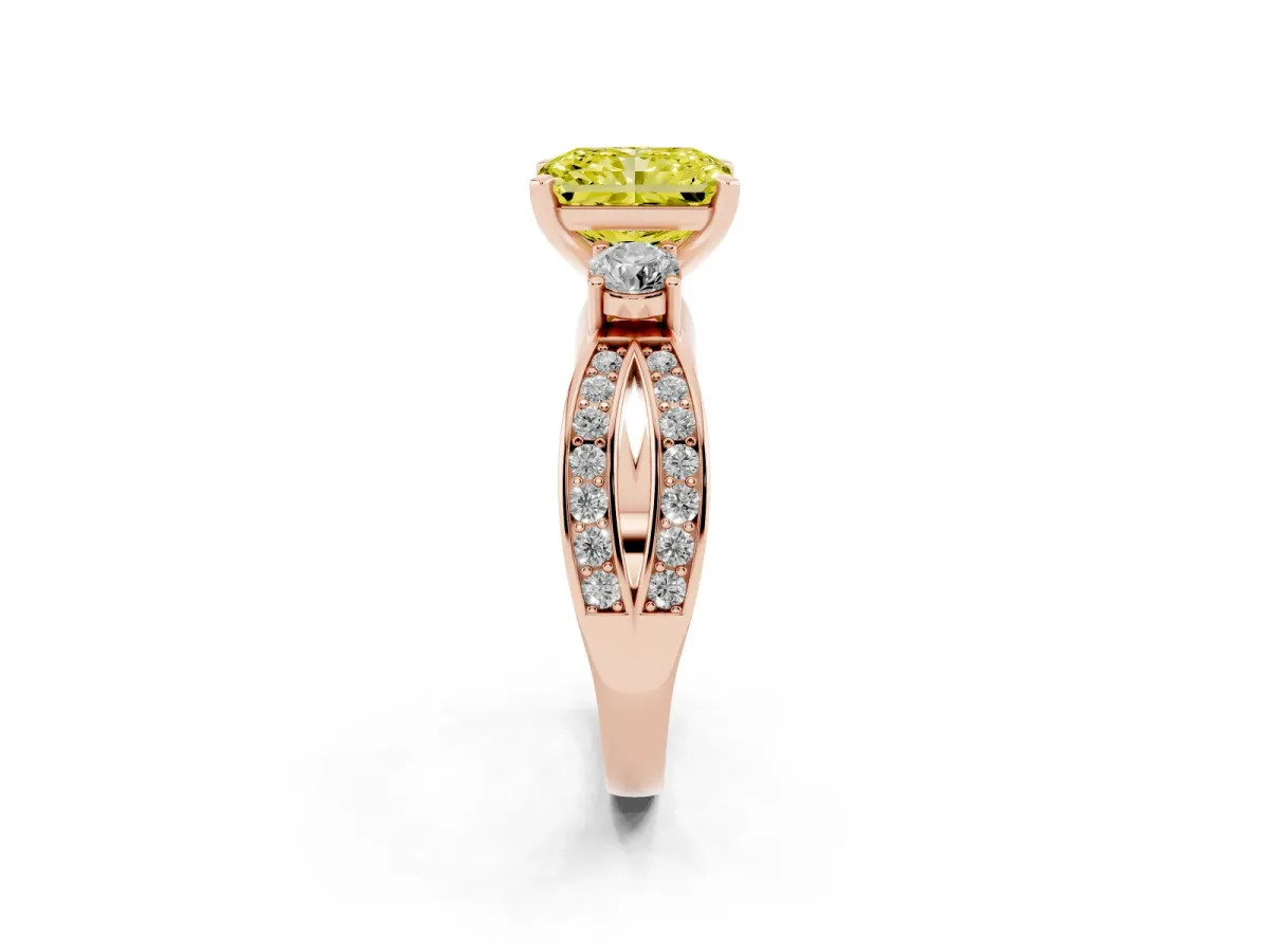 Fancy Yellow Three-Stone Radiant Cut Cut Diamond Twist Band with Prong Setting Rose gold