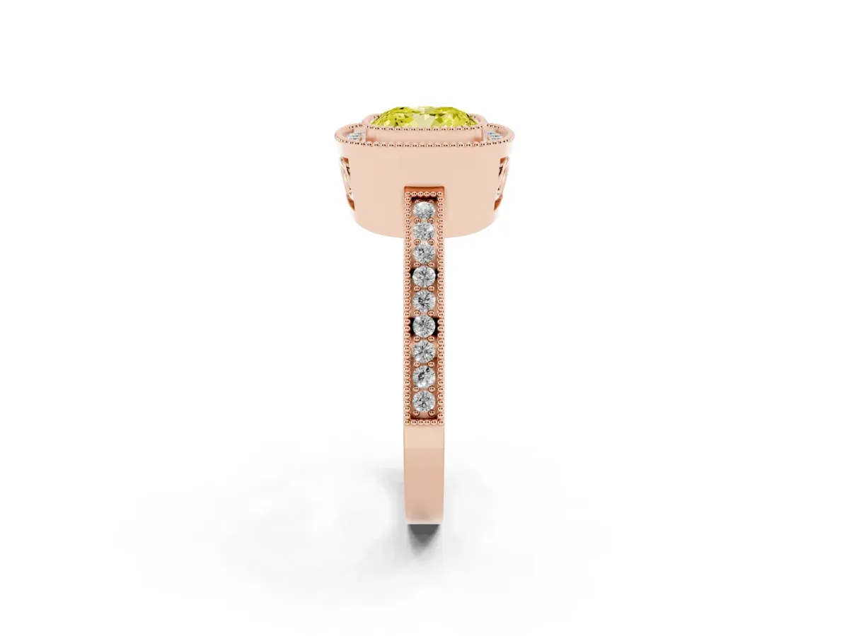 Fancy Yellow Cushion Cut Cut Halo Diamond Ring with Pavé Band and Milgrain Prong Setting Rose gold