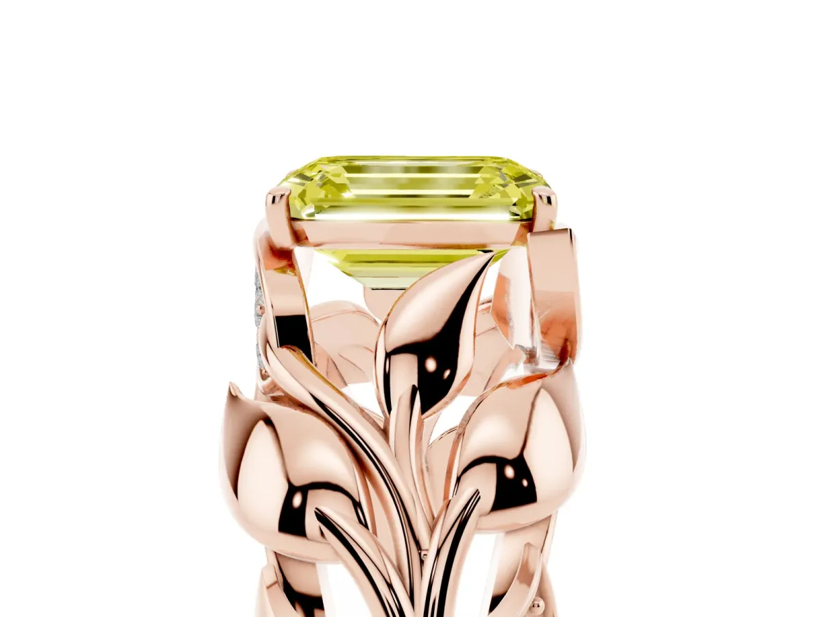 Fancy Yellow Emerald Cut Diamond Leaf-Inspired Engagement Ring with Round Accents and Prong Setting Rose gold