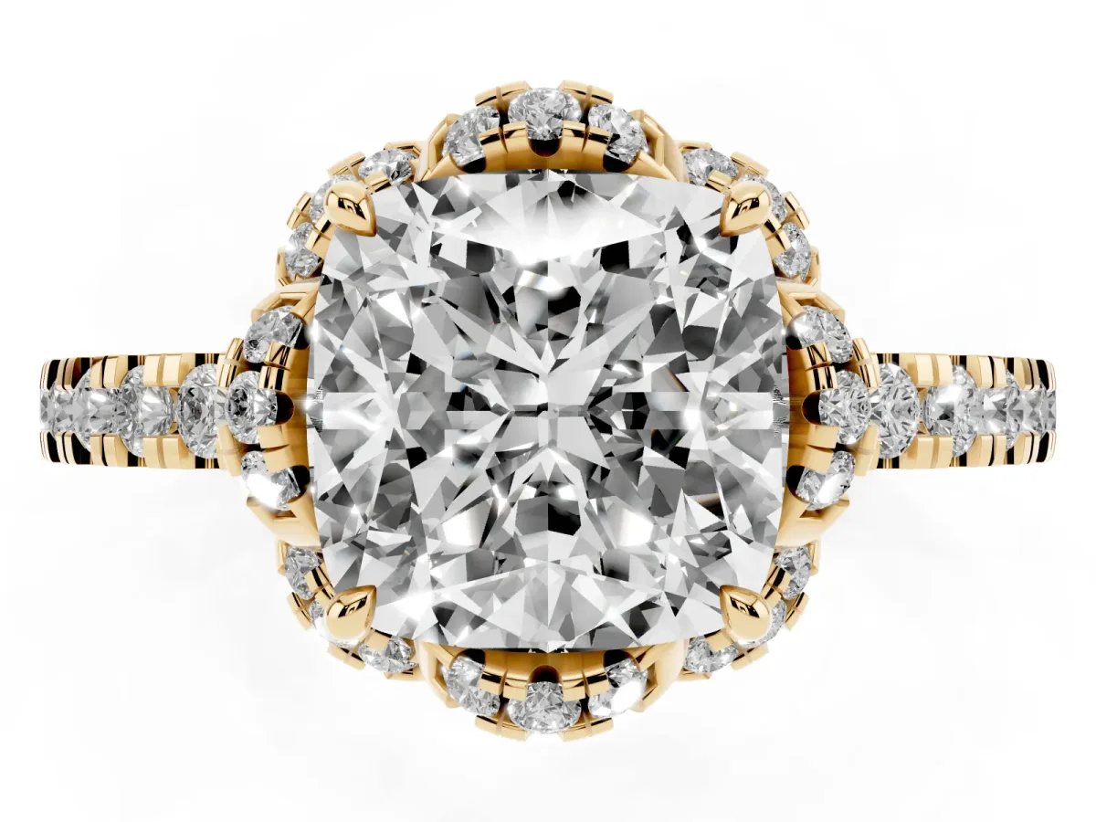 Cushion Cut Halo Diamond Pave Band Ring with Four-Prong Setting Yellow gold