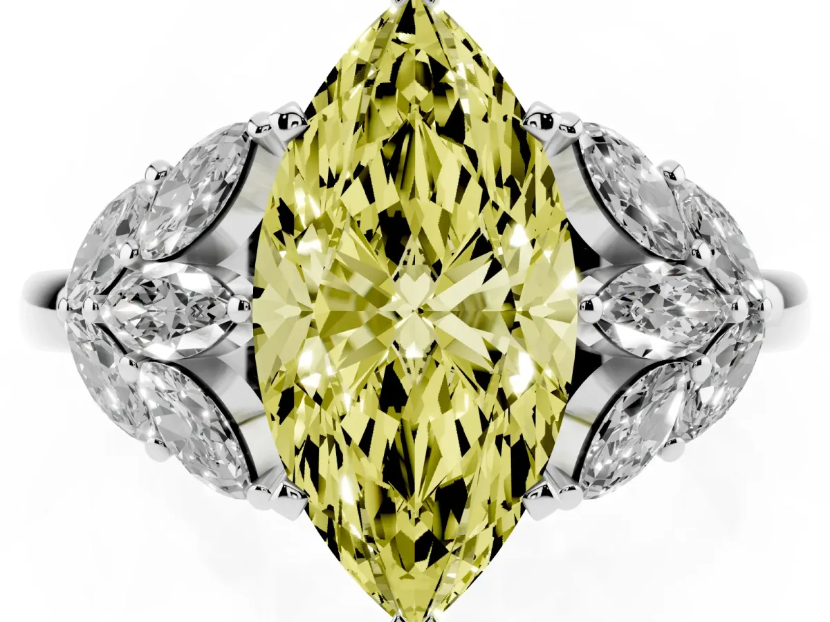 Fancy Yellow Marquise Cut Diamond Cluster Leaf Design Ring with Prong Setting White gold