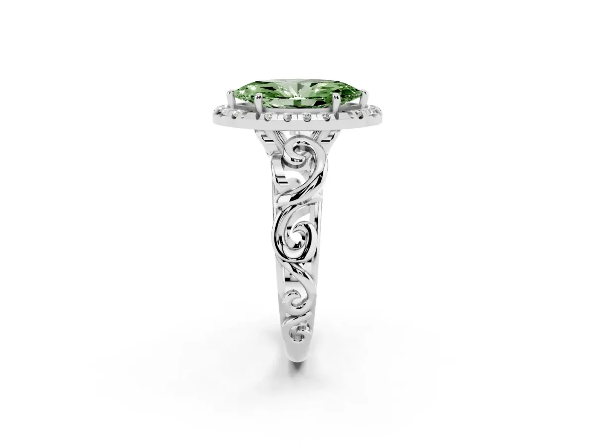 Fancy Green Marquise Cut Cut Halo Diamond Ring with Scrollwork Band and Four-Prong Setting Platinum