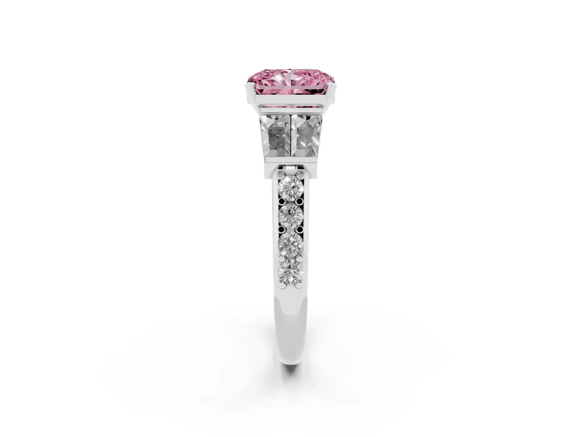 Fancy Pink Radiant Cut Diamond Engagement Ring with Baguette Side Stones and Channel Set Band Platinum