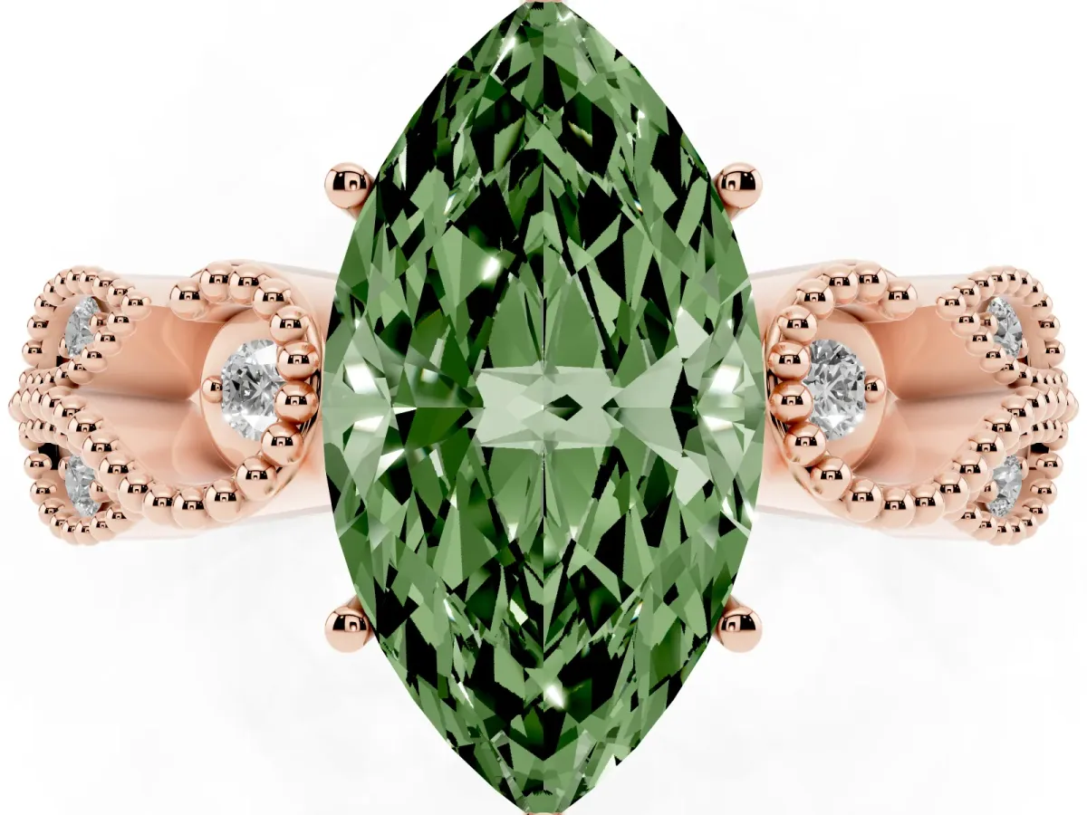 Fancy Green Marquise Cut Solitaire Milgrain Leaf Band with Prong Setting Rose gold