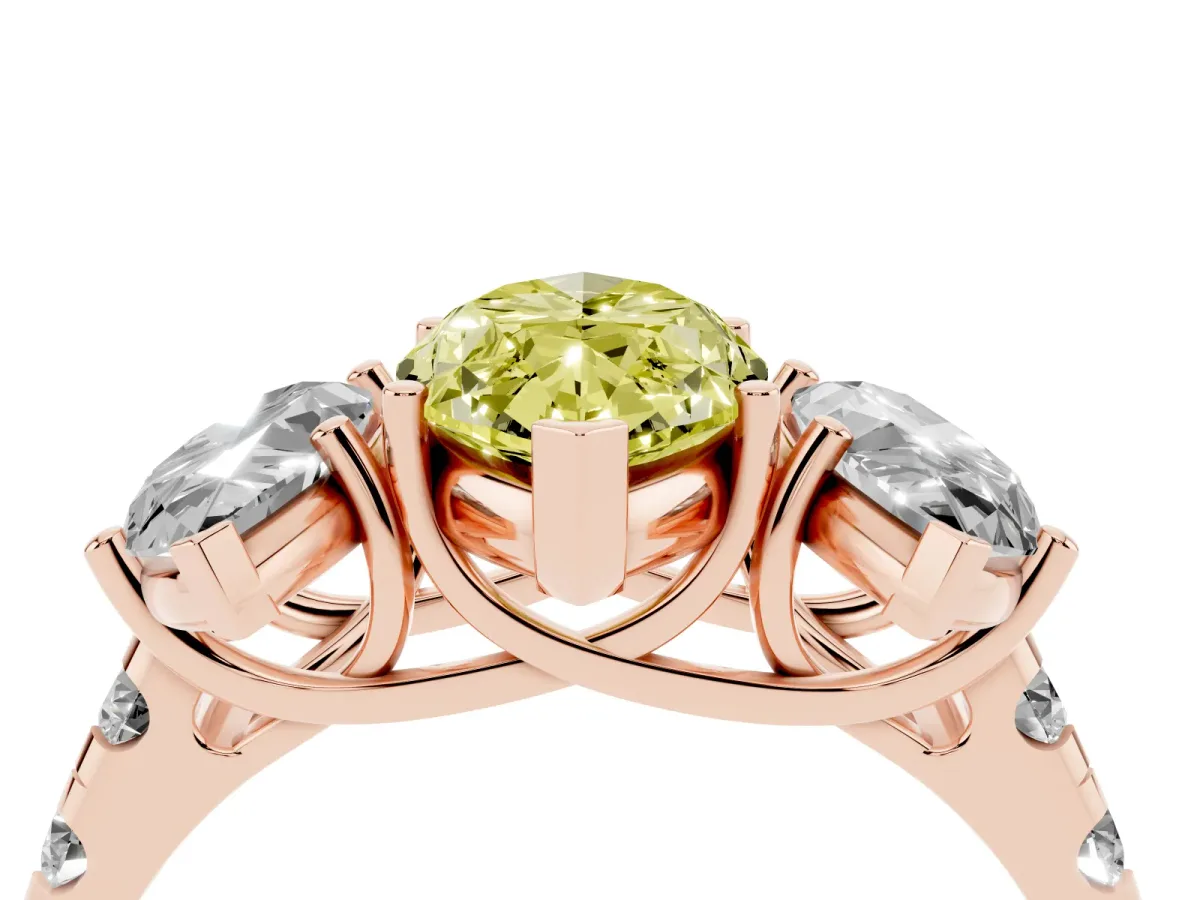 Fancy Yellow Three-Stone Marquise Cut Diamond Pavé Band with Prong Setting Rose gold