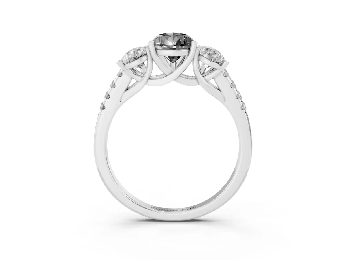 Fancy Black Three-Stone Pear Cut Diamond Ring with Round Pavé Band and Prong Setting Silver