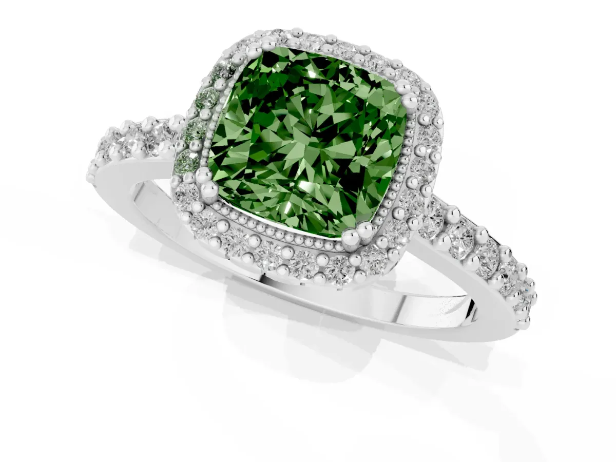 Fancy Green Cushion Cut Cut Diamond Halo Engagement Ring with Milgrain Detail and Pavé Band Platinum
