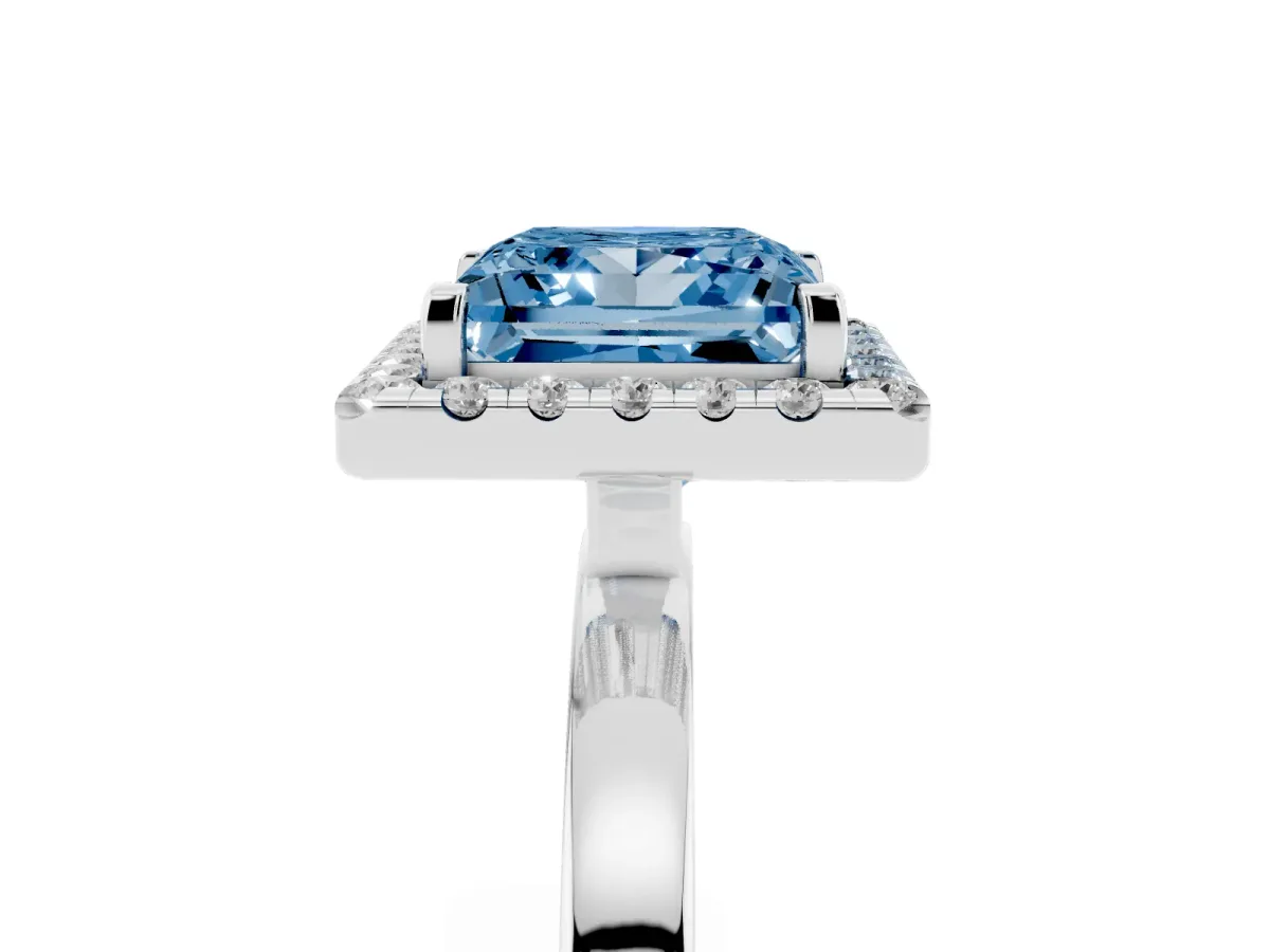 Fancy Blue Princess Cut Halo Diamond Solitaire with Pavé Band and Four-Prong Setting White gold