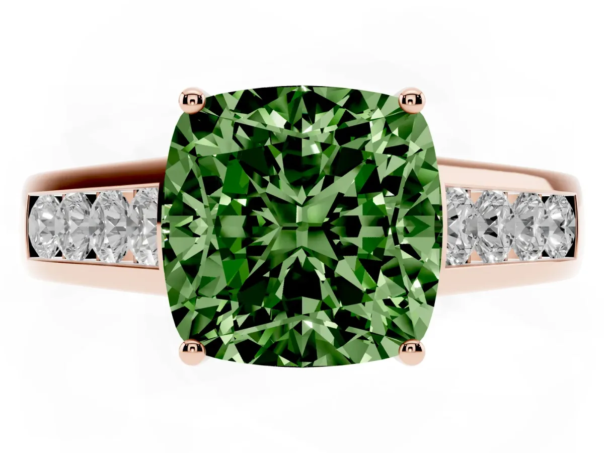 Fancy Green Cushion Cut Solitaire Channel-Set Diamond Engagement Ring with Four-Prong Setting Rose gold