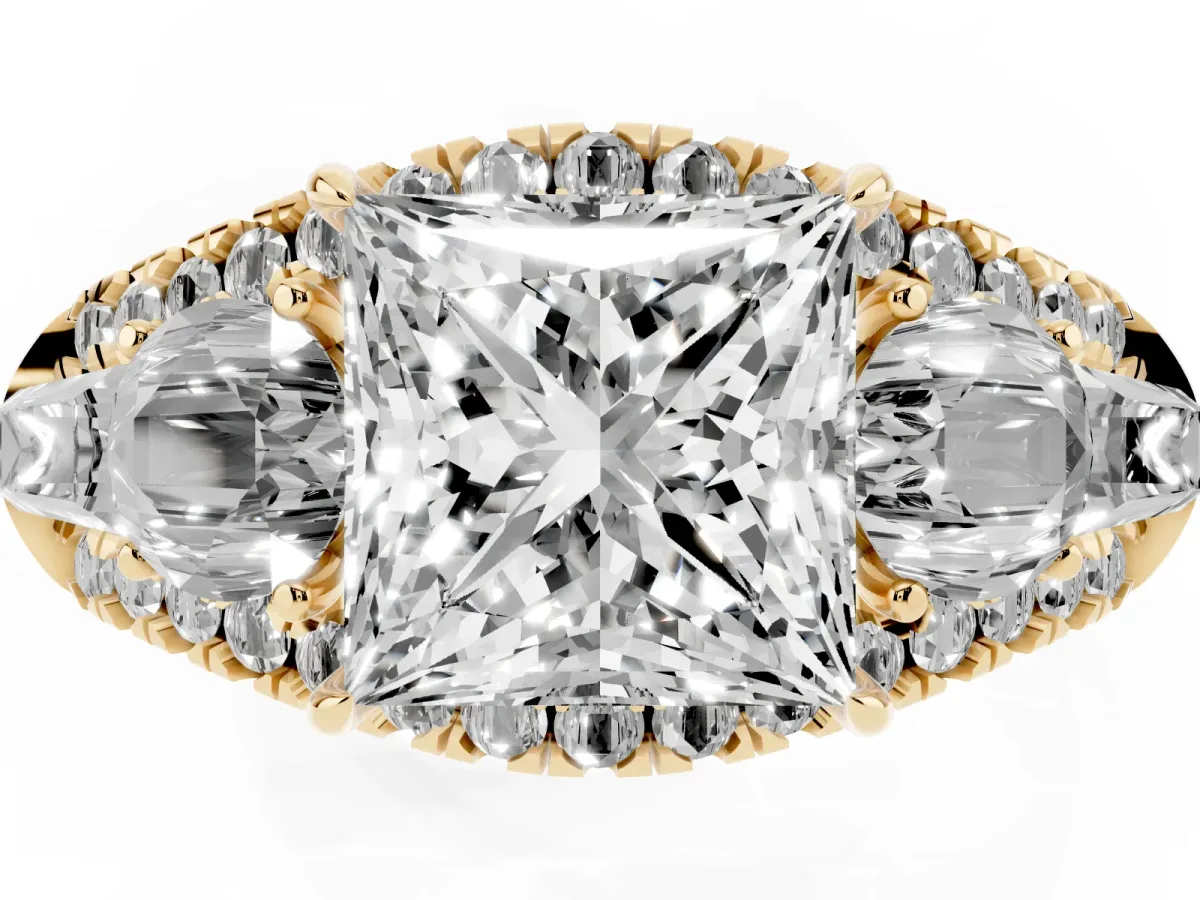 Three-Stone Princess Cut Diamond Engagement Ring with Pave Band and Prong Setting Yellow gold