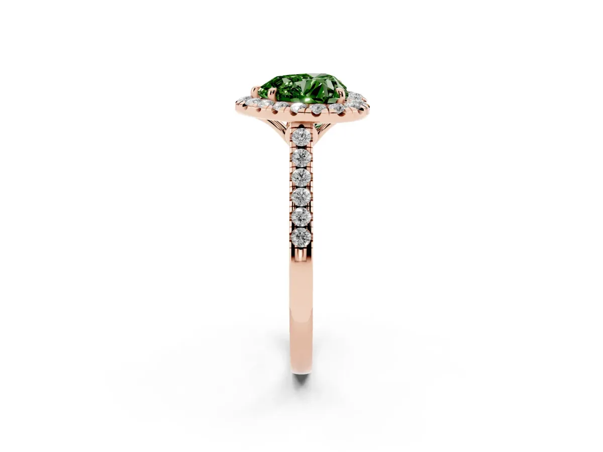 Fancy Green Heart Cut Halo Pavé Diamond Engagement Ring with Four-Prong Setting Rose gold