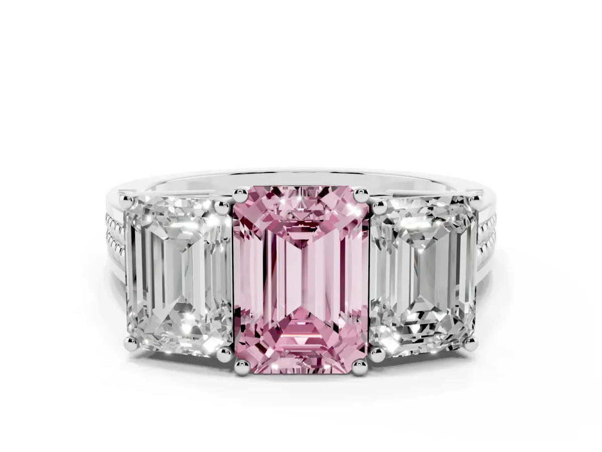 Fancy Pink Emerald Cut Diamond Three-Stone Ring with Prong Setting and Textured Band Silver