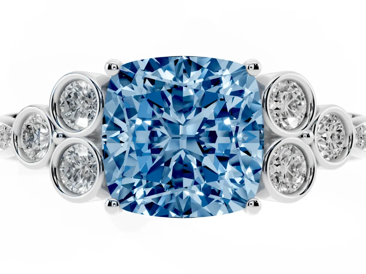 Fancy Blue Cushion Cut Cut Diamond Engagement Ring with Bezel Set Round Side Stones and Prong Setting White gold