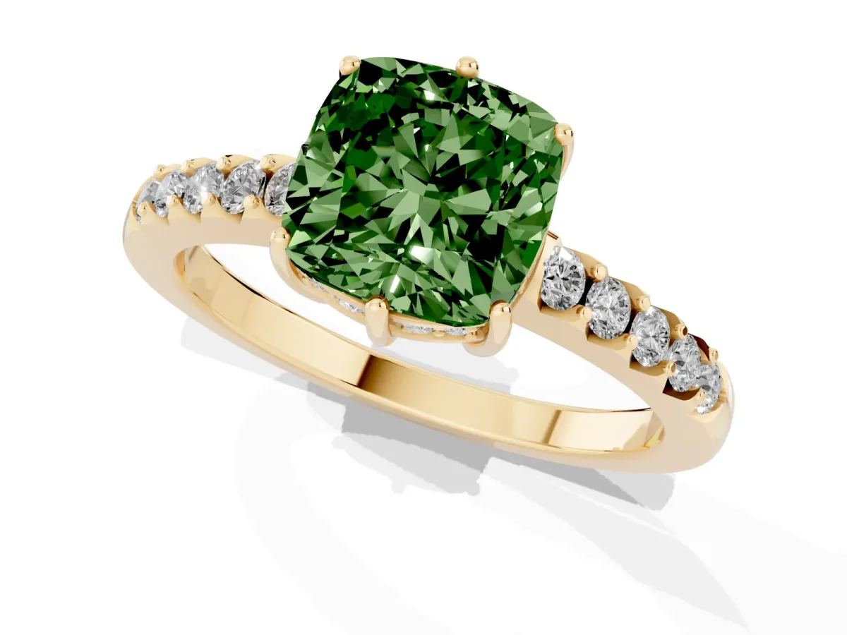 Fancy Green Cushion Cut Solitaire Diamond Engagement Ring with Pavé Band and Six-Prong Setting Yellow gold