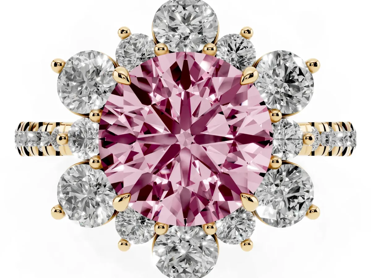 Fancy Pink Round Cut Diamond Floral Halo Ring with Round Pavé Band and Prong Setting Yellow gold