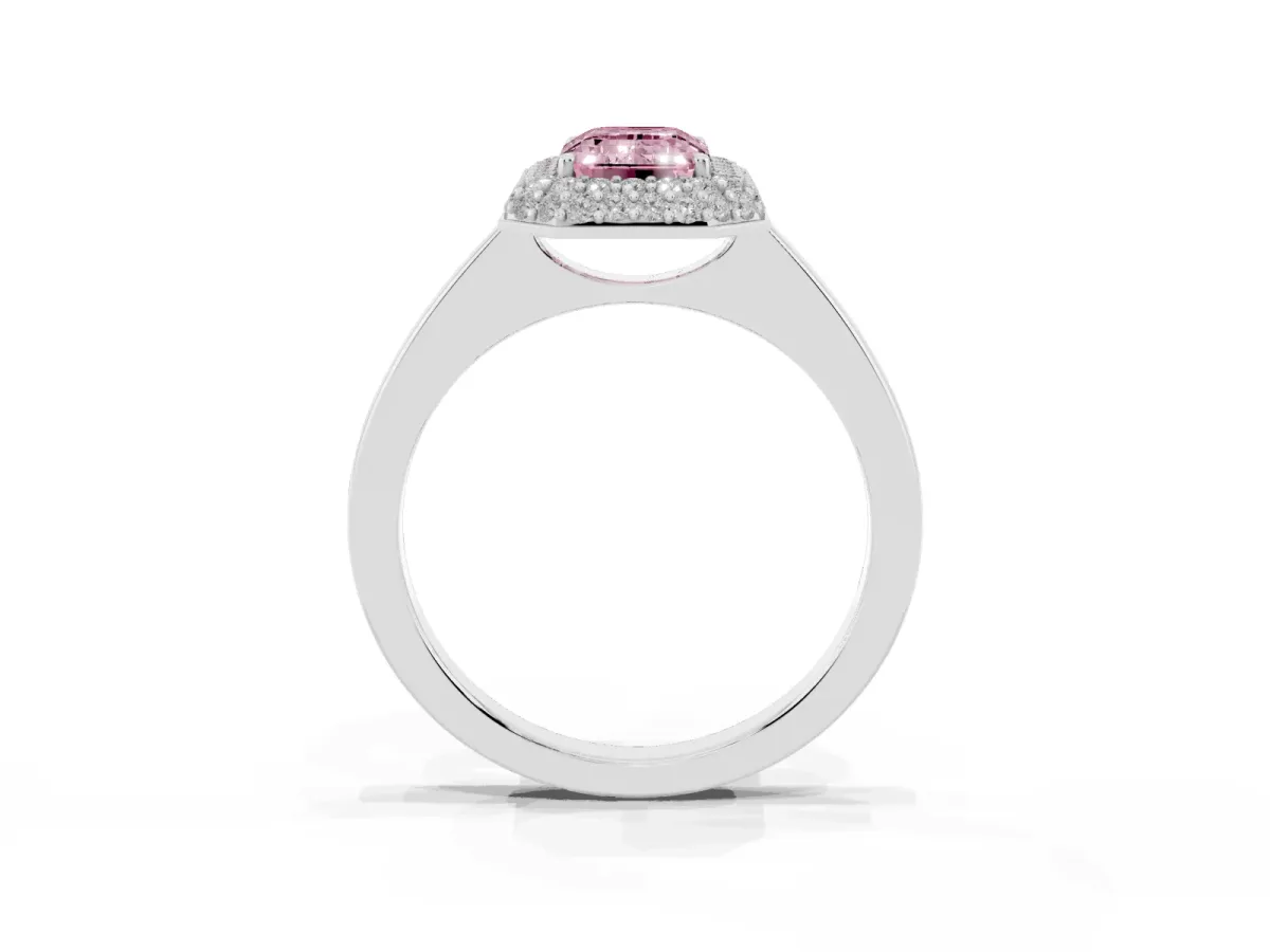 Fancy Pink Emerald Cut Halo Diamond Engagement Ring with Solitaire Band and Four-Prong Setting Silver