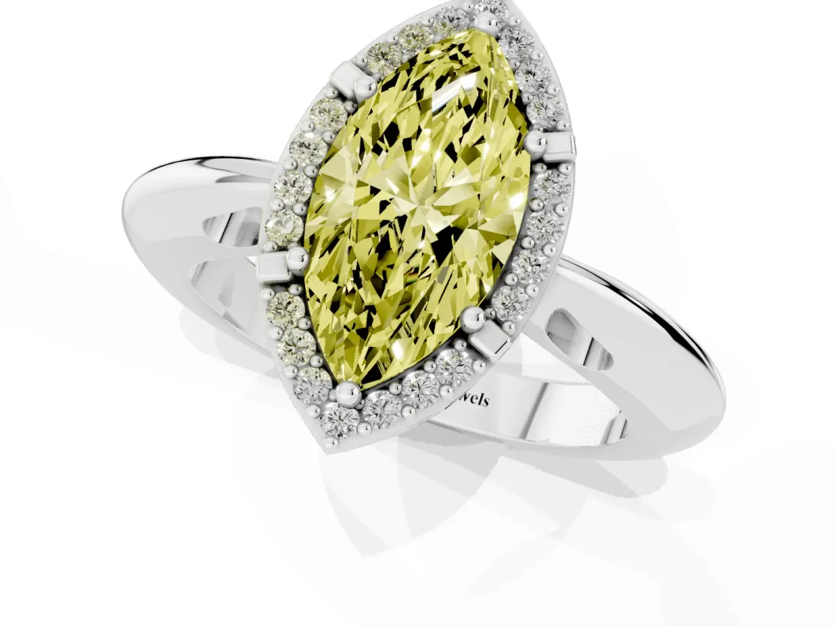 Fancy Yellow Marquise Cut Cut Diamond Halo Engagement Ring with Split Shank and Four-Prong Setting Silver
