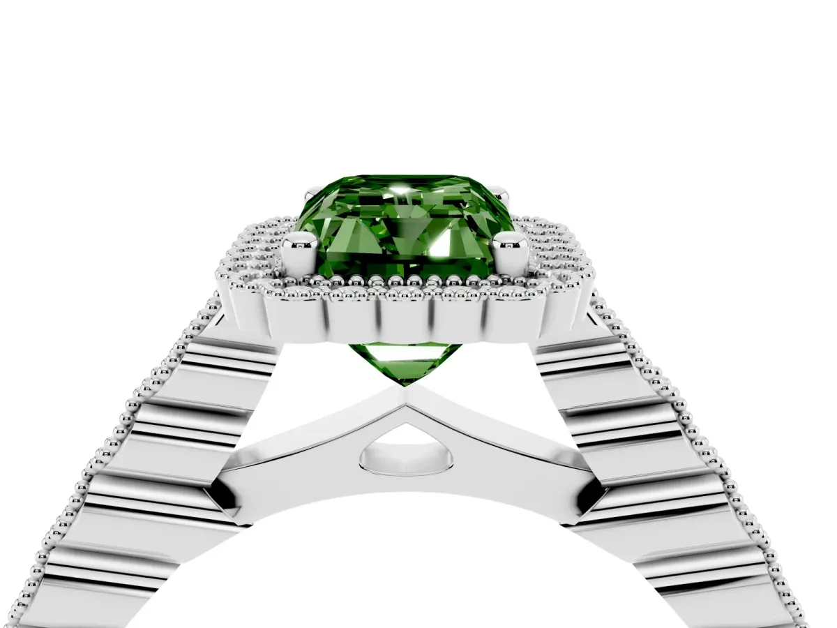 Fancy Green Radiant Cut Cut Halo Pavé Solitaire Ring with Milgrain Band Platinum