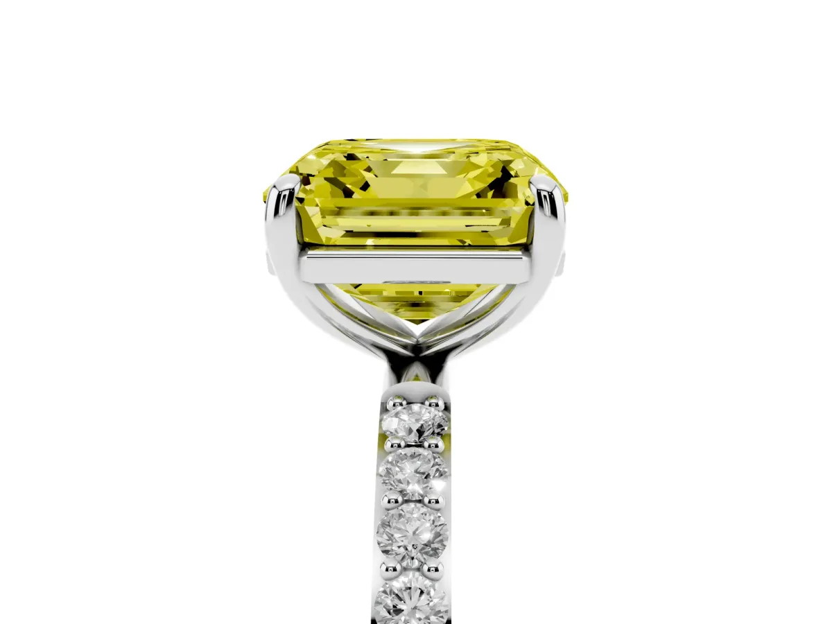 Fancy Yellow Asscher Cut Diamond Solitaire Ring with Round Pavé Band and Prong Setting Silver