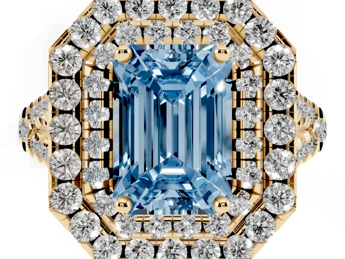 Fancy Blue Double Halo Emerald Cut Diamond Pavé Split Shank Ring with Prong Setting Yellow gold