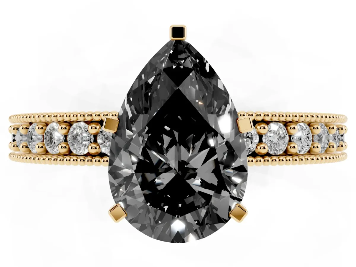 Fancy Black Pear Cut Diamond Milgrain Pavé Engagement Ring with Four-Prong Setting Yellow gold