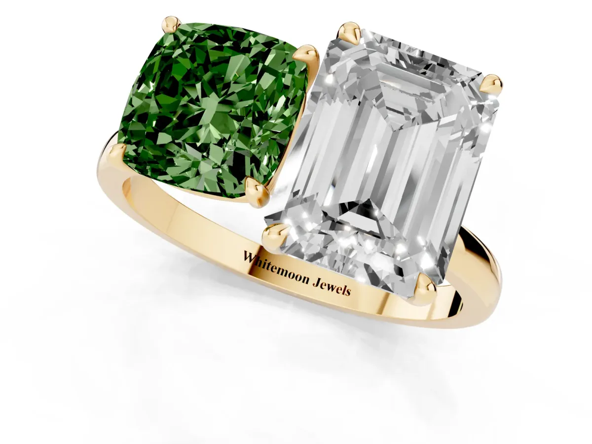 Fancy Green Cushion Cut and Emerald Cut Toi Moi Ring with Prong Setting Yellow gold