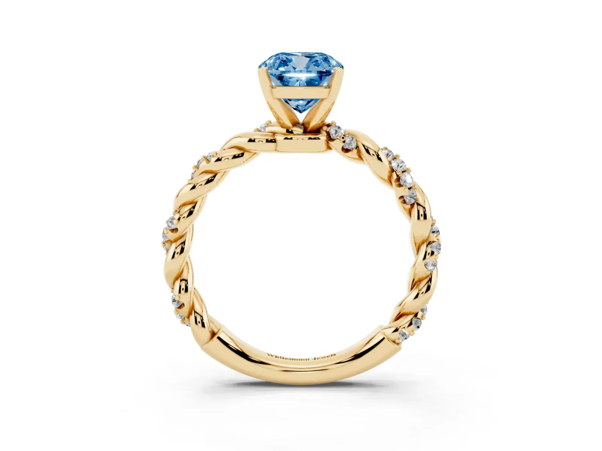 Fancy Blue Cushion Cut Diamond Solitaire Ring with Twisted Band and Pavé Accents Yellow gold