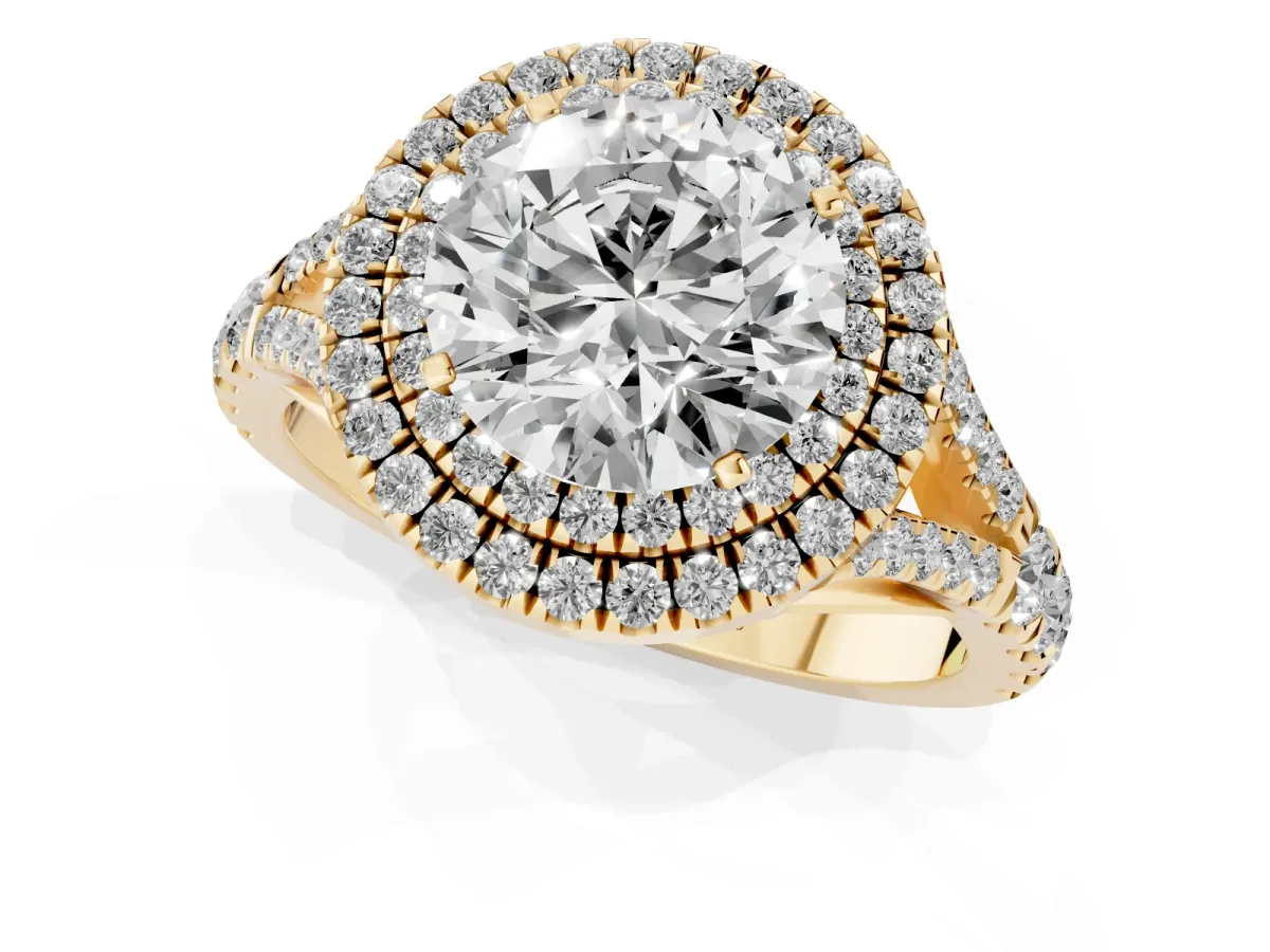 Round Cut Diamond Double Halo Ring with Split Shank and Prong Setting Yellow gold