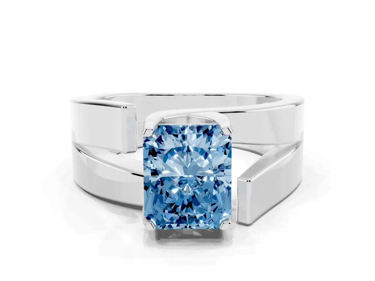 Fancy Blue Modern Tension Set Radiant Cut Diamond Solitaire Wide Band Ring Silver
