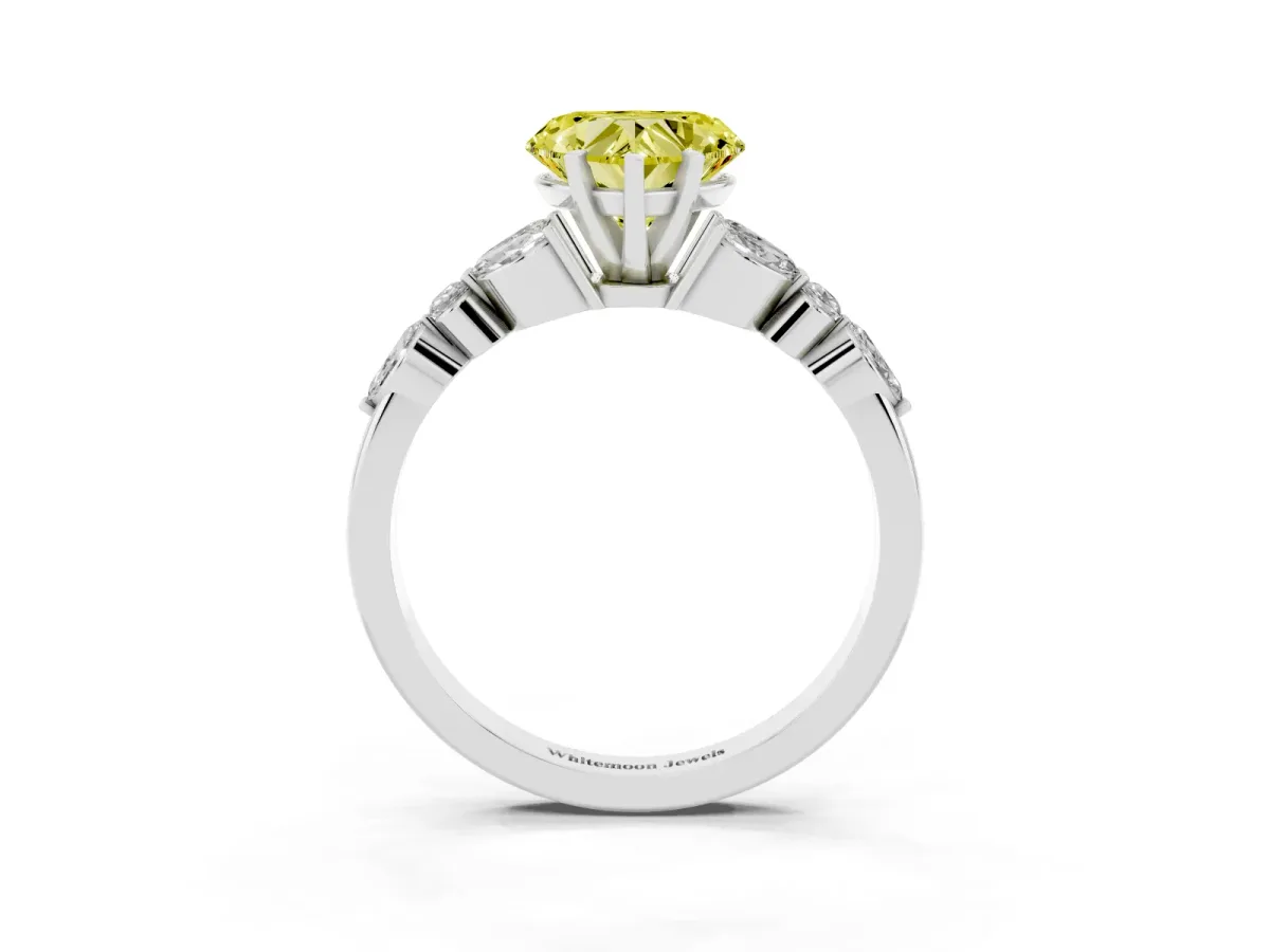 Fancy Yellow Heart Cut Diamond Solitaire Ring with Side Stones and Four-Prong Setting Platinum