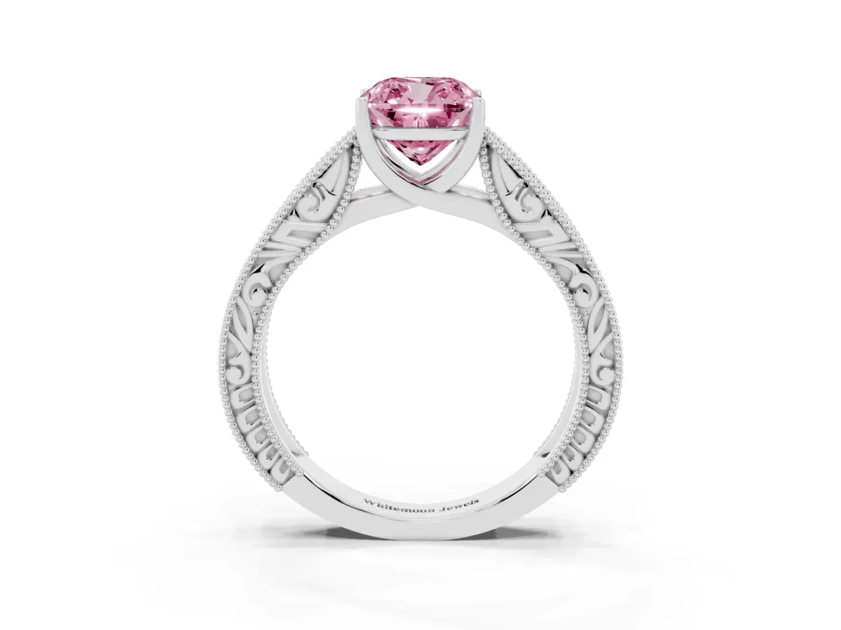 Fancy Pink Cushion Cut Diamond Solitaire Ring with Engraved Band and Four-Prong Setting Silver