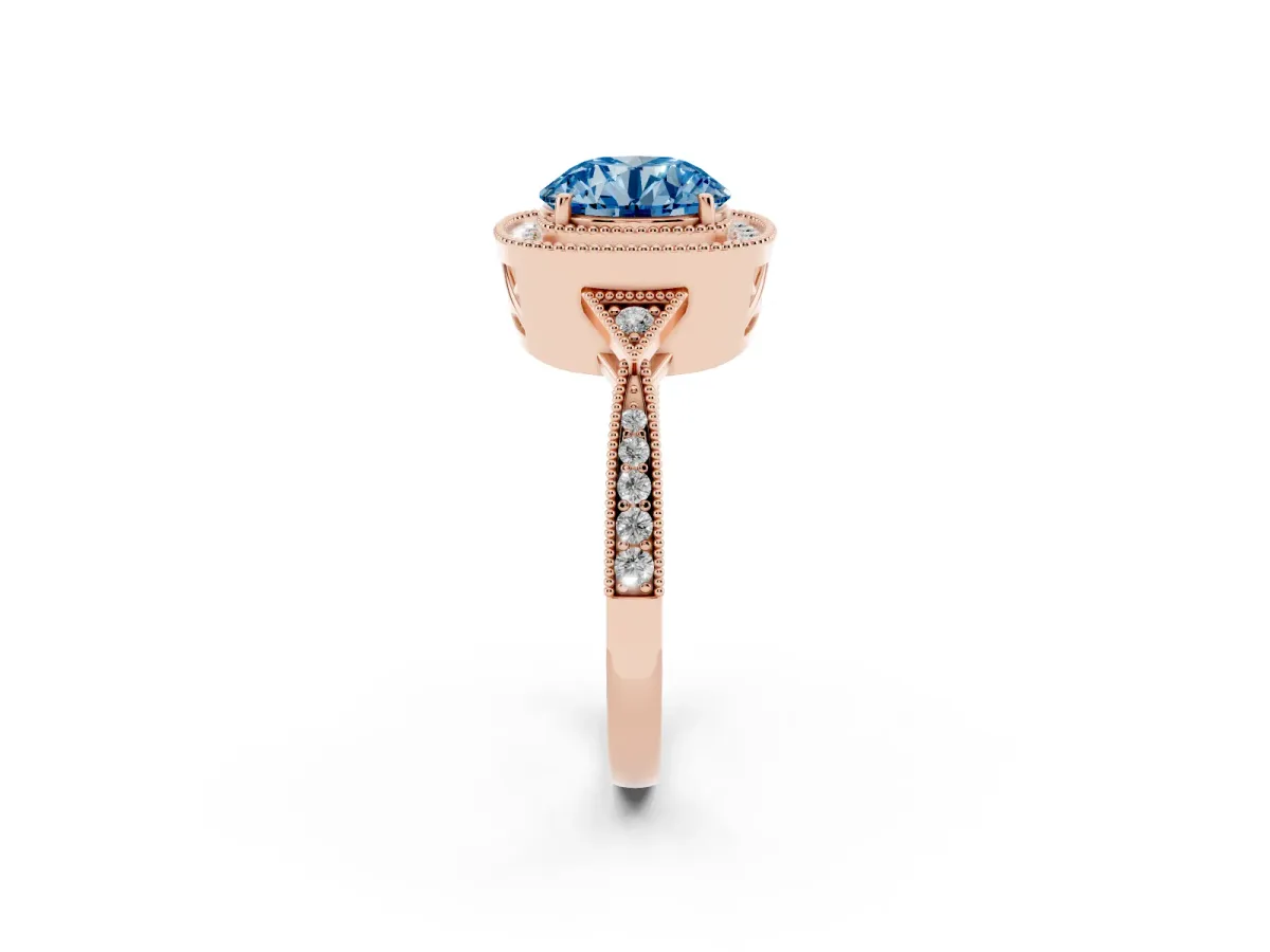 Fancy Blue Round Cut Halo Round Diamond Milgrain Pave Engagement Ring Rose gold