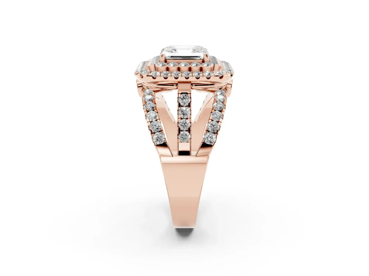 Asscher Cut Diamond Double Halo Ring with Round Pavé Split Shank and Prong Setting Rose gold