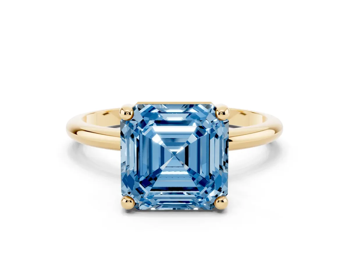 Fancy Blue Asscher Cut Solitaire Diamond Ring with 4-Prong Setting on a Classic Band Yellow gold