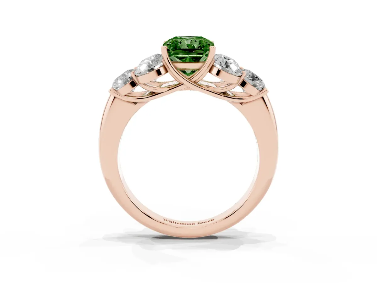 Fancy Green Radiant Cut Cut Diamond Cluster Ring with Round Accent Stones and Prong Setting on a Classic Band Rose gold