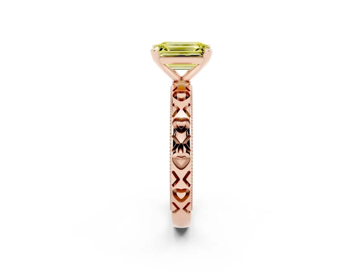 Fancy Yellow Emerald Cut Solitaire Diamond Engagement Ring with XO Engraved Band and Four-Prong Setting Rose gold