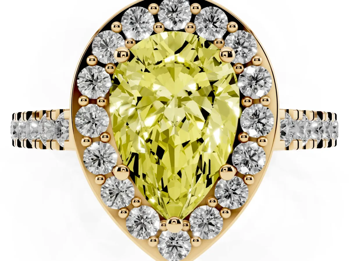Fancy Yellow Pear Cut Diamond Halo Ring with Round Pavé Split Shank and Prong Setting Yellow gold