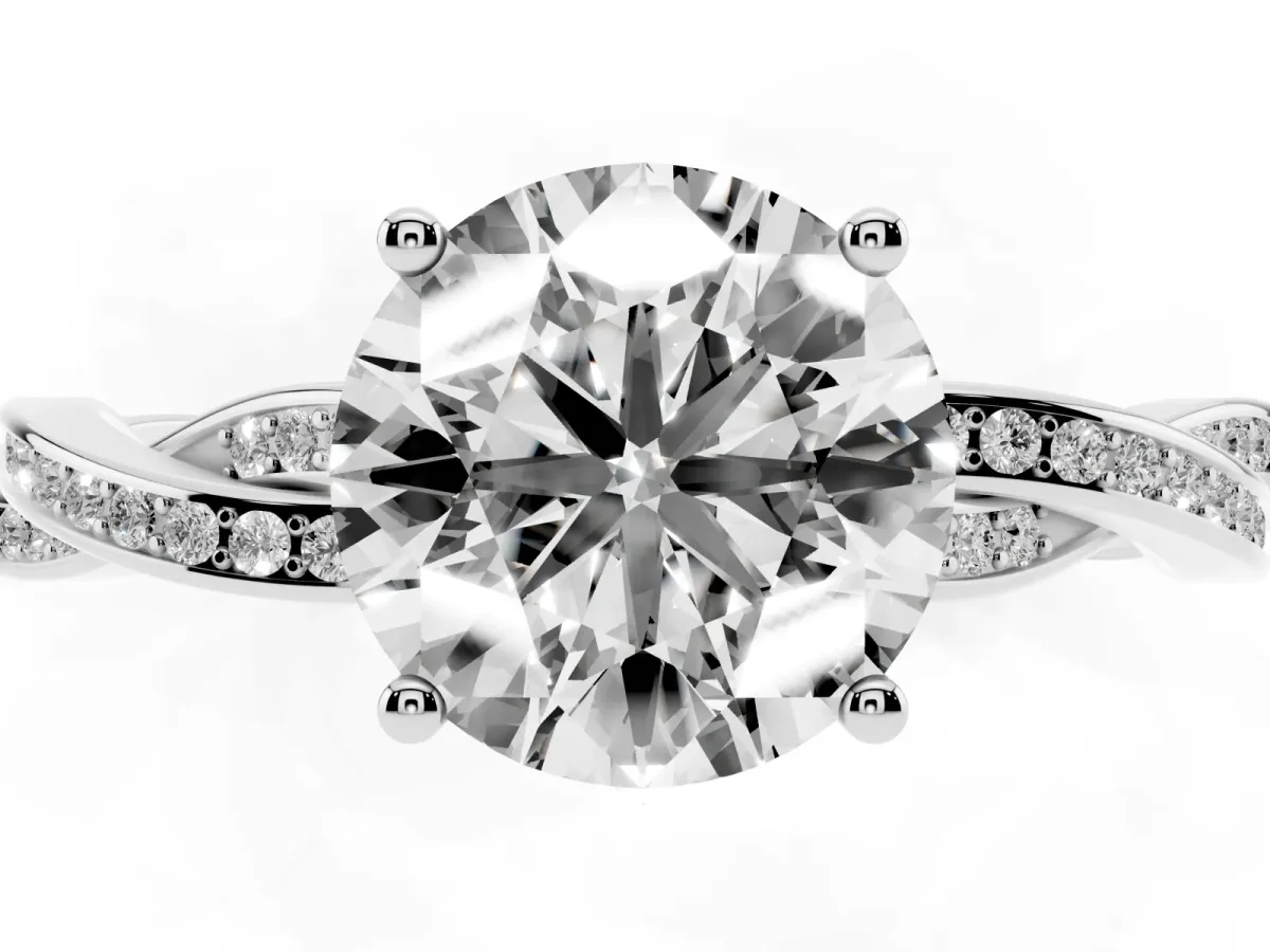 Round Cut Solitaire Twisted Pave Diamond Ring with Four-Prong Setting Platinum