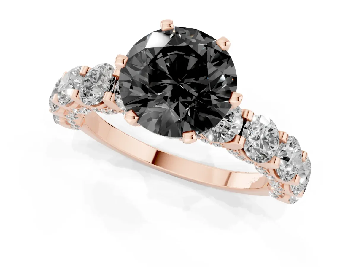 Fancy Black Round Cut Diamond Side Stone Engagement Ring with Four-Prong Setting Rose gold